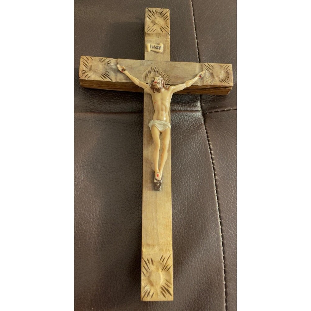 Jerusalem Olive Wood Crucifix INRI Holy Land Religious Wall Hand Carved 9"